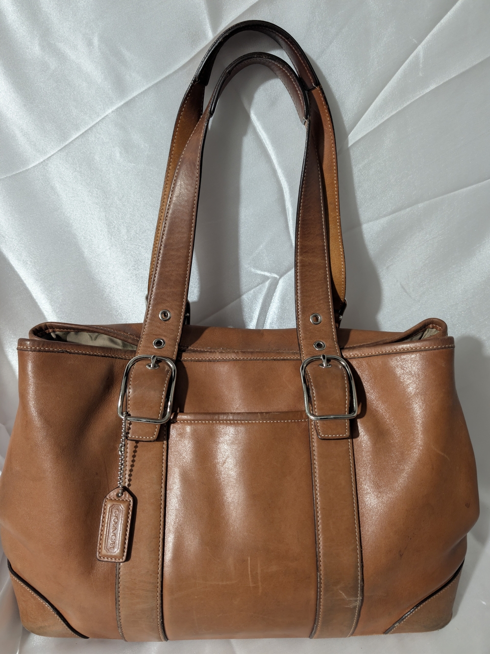 Y2K Coach Brown Leather Tote Bag with Buckle Straps Key Tag Medium To Large